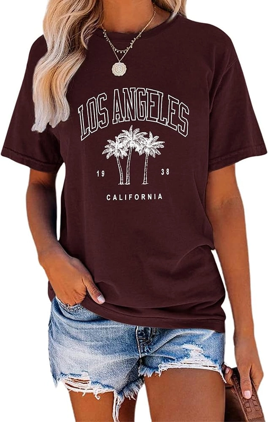 TAKEYAL Women Los Angeles Graphic T Shirts California Letter Print Short Sleeve Tee Loose Casual Tops