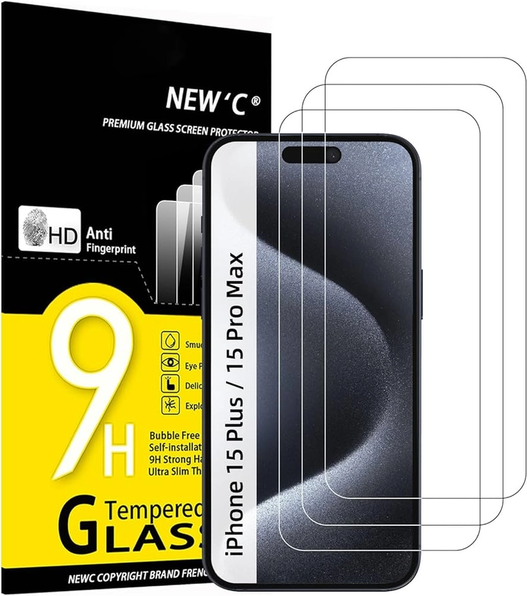 NEW'C Lot de 3, Verre Trempé pour iPhone 15 Plus / 15 Pro Max (6,7"), Film Protection écran sans Bulles d'air Ultra Résistant (0,33mm HD Ultra Transparent) Dureté 9H Glass