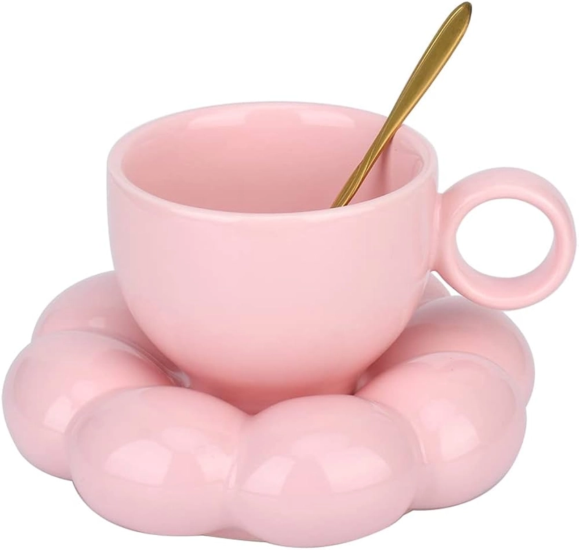 XinHuiGY Tasse de café à fleurs,Mug de café en céramique Cloud et soucoupe, tasse mignonne avec cuillère, tasse de thé kawaii avec plat de tournesol, tasses de latte 200ml pour les filles (Rose) : Amazon.fr: Cuisine et Maison