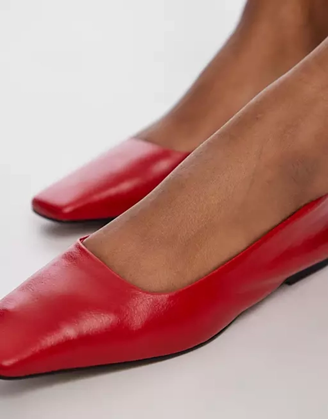 Topshop Blakely premium leather square toe ballet flats in red | ASOS