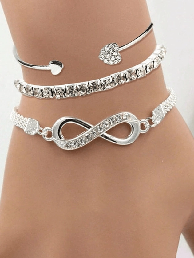3pcs Rhinestone Heart & Infinity Decor Bracelets