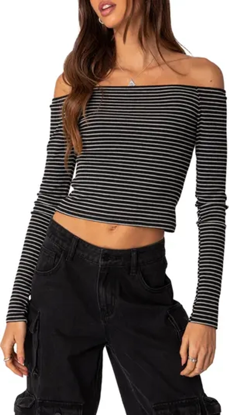 EDIKTED Canary Stripe Off the Shoulder Rib Crop Top | Nordstrom