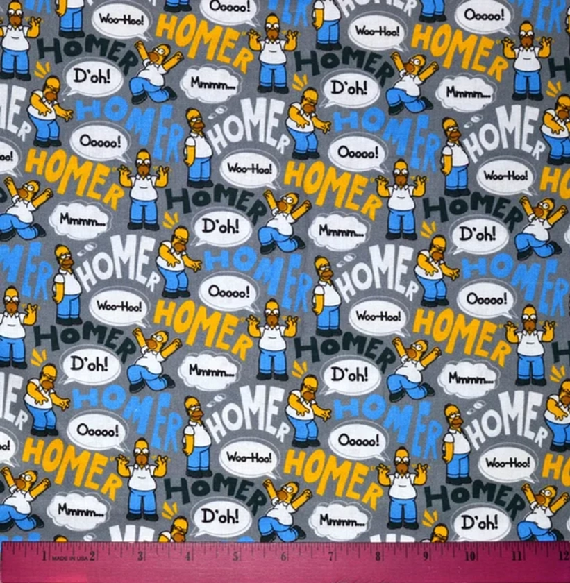 HOMER SIMPSONS FABRIC | Sold By The Half Yard! | Continuous Cut! | 100% Quilting Cotton | Gray Grey Yellow Blue White Doh