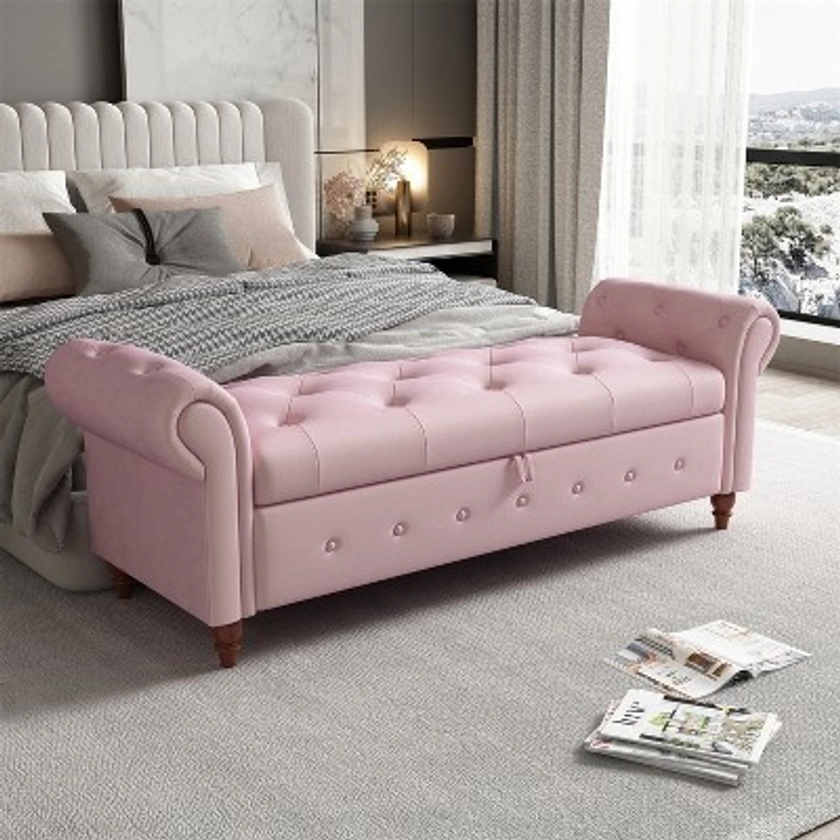 Cecily 63"Button-Tufted Ottoman Storage Bench, Upholstered Velvet, Window Seat with Solid Wood Legs, Indoor Furniture, Pink - Maison Boucle