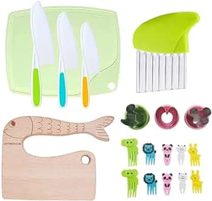 LETTO & TAILOR 19-Piece Children's Wooden Kitchen Knives, Children's Knife Set with Wooden Children's Knife, Vegetable Cookie Cutters, Plastic Toddler Knife, Sandwich Cutter, Chopping Board…
