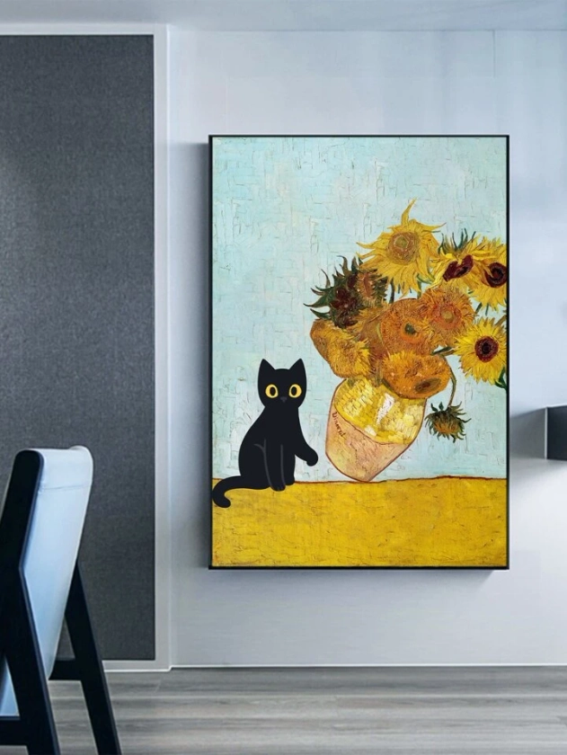 1pc Creative Iris Oil Painting Canvas Without Frame, Humorous Black Cat Wall Art For Living Room Decoration