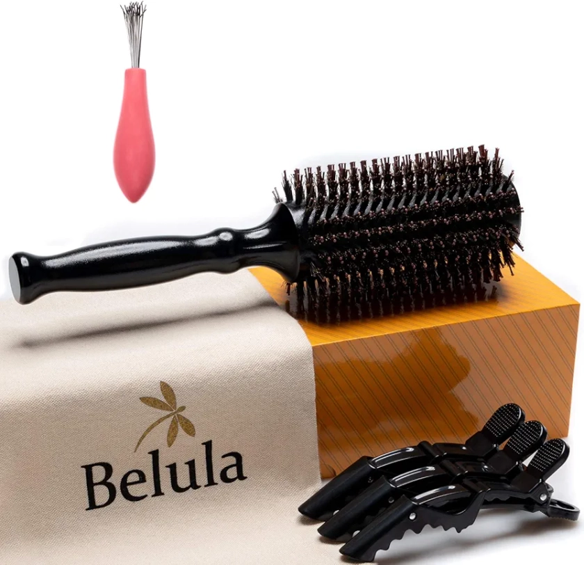 Belula Boar Bristle Round Brush for Blow Drying Set. Round Hair Brush With Medium 2.4" Wooden Barrel. Hairbrush Ideal to Add Volume and Body. Free 3 x Hair Clips & Travel Bag.