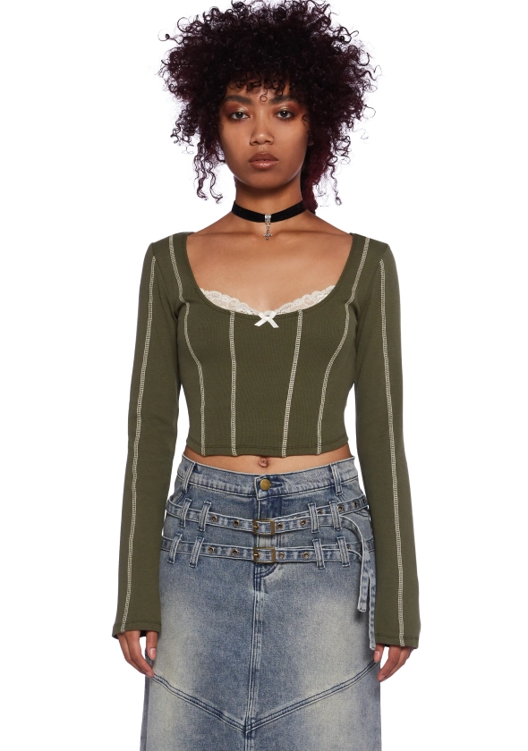 Current Mood Ribbed Lace Exposed Seam Long Sleeve Top - Green