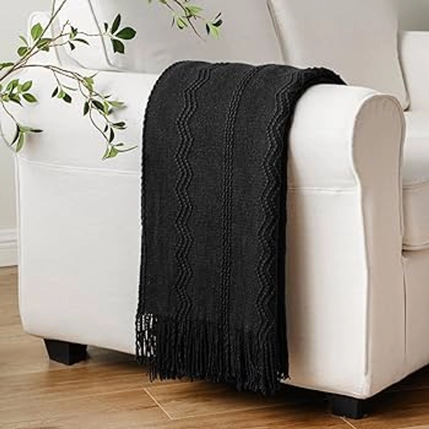 BATTILO HOME Black Throw Blanket with Fringe, Bed Throws for Home Decor, Decorative Black Knit Throw for Couch Sofa, 50"x60"