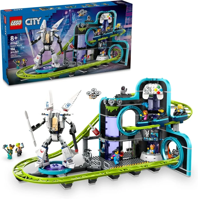 LEGO City Robot World Roller-Coaster Park Adventure Toy, Arcade Themed Roller Coaster Set with Posable Mech Action Figure and 8 Minifigures, Creative Gift for Boys, Girls and Kids Ages 8 and Up, 60421