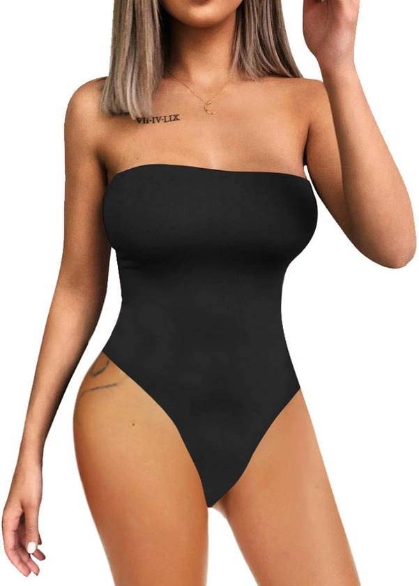 YMDUCH Women's Sexy Strapless Bodysuit One Piece Triangle Off Shoulder Leotard