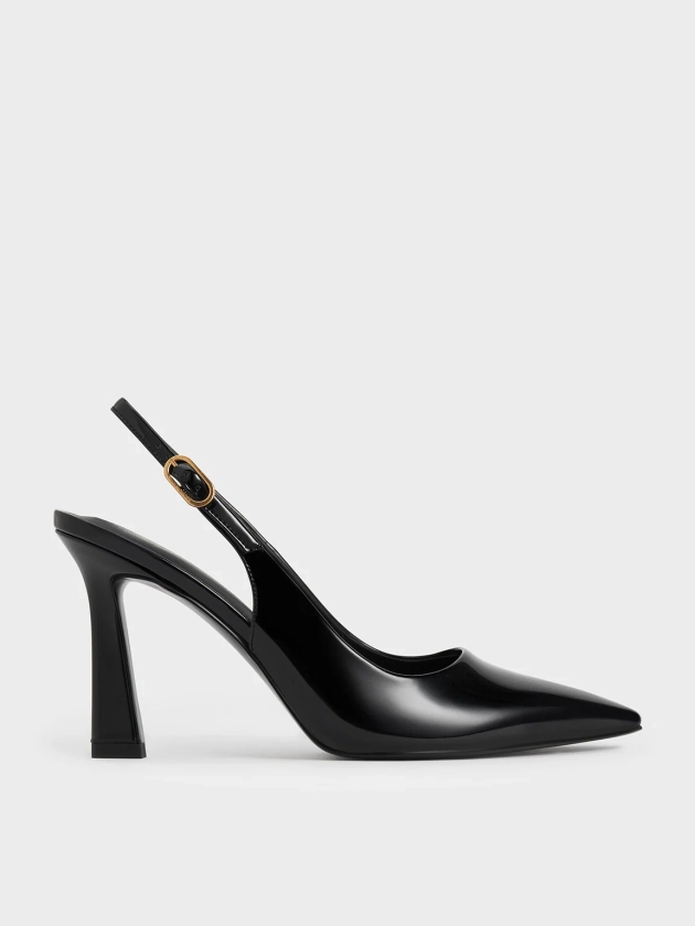 Black Patent Trapeze Heel Slingback Pumps | CHARLES & KEITH