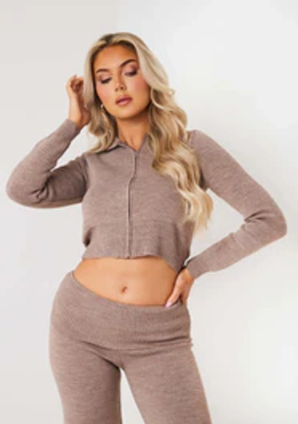 Rylee Mocha Knit Zip Through Hooded Jacket | Women's Knitted Jackets | MissyEmpire