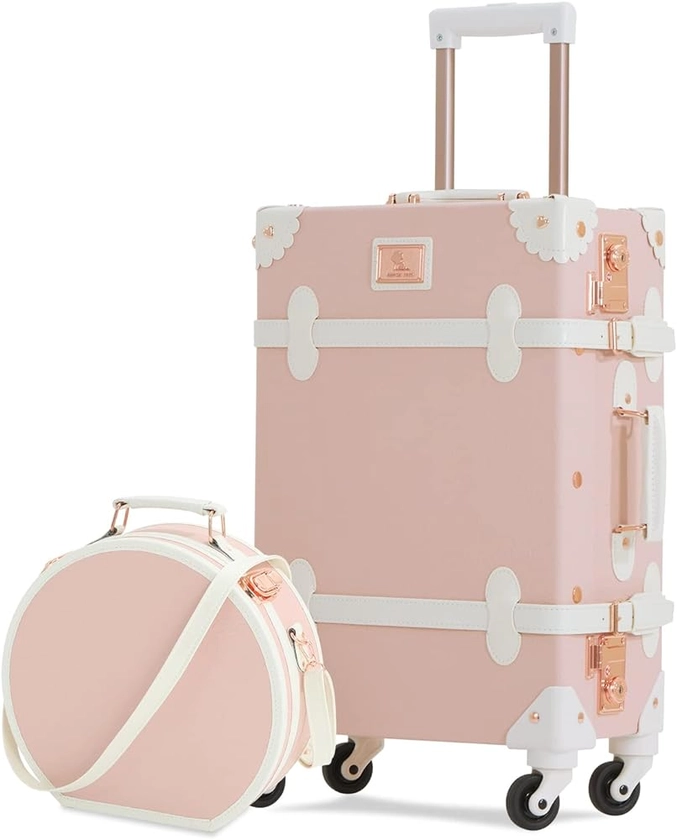 2 Piece Vintage Luggage Set Women Cute Carry on Suitcase with Hat Box Cosmetic Case (embossed pink, 20in+12in)