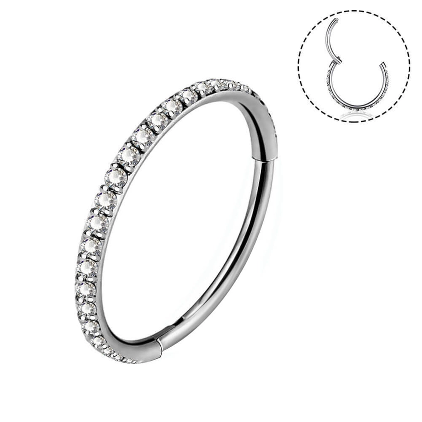 20G Titanium Nose Ring Hinged Segment CZ Hoop Ring