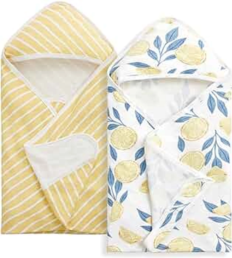 Momcozy Baby Hooded Towel, 2 PackBaby Towel Set, Super Soft Bath Towel with Original Design, Shower Gifts for Infant, Toddler (28 X 28 Inch, Lemon Leaves)