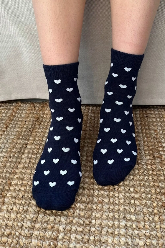 Navy Blue Socks White Hearts