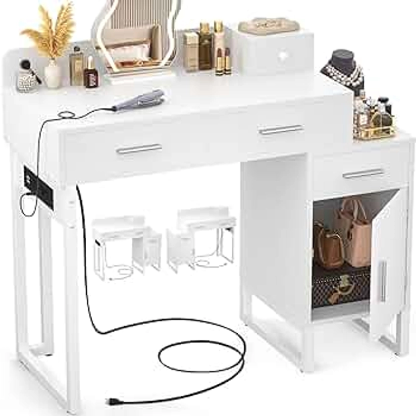 Vanity Desk with 4 Storage Drawers - Modern Makeup Vanity Table with Charging Station, White Vanity Desk with Reversible Cabinet Dressing Table Set with Divided Organizers for Women Girls, White