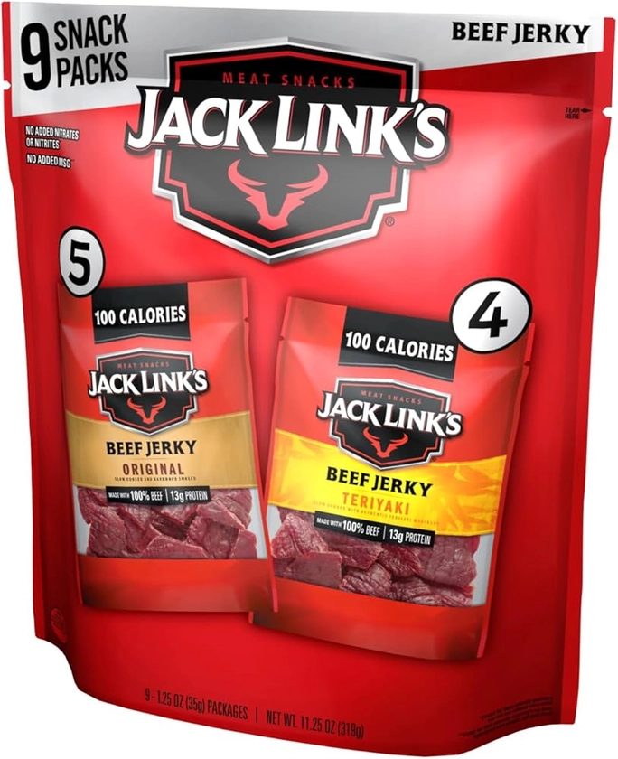 Jack Link's Beef Jerky Variety - Includes Original and Teriyaki Flavors, On the Go Snacks, 13g of Protein Per Serving, 9 Count of 1.25 Oz Bags (Pack of 1)