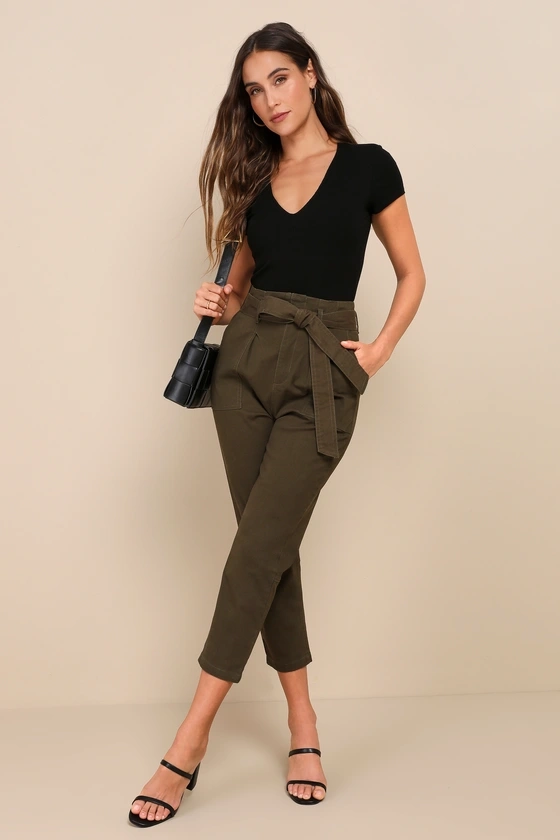 Leo Olive Green Tie-Waist Cropped Pants