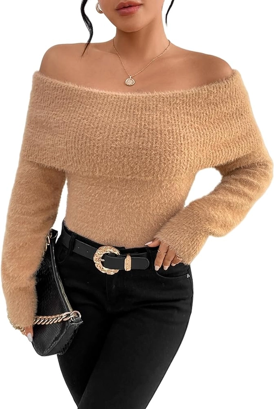WDIRARA Women's Fuzzy Layered Off Shoulder Rib-Knit Long Sleeve Fluffy Casual Sweater Pullovers Tops