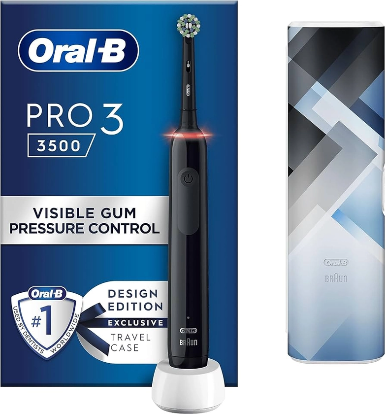 Oral-B Pro 3 Electric Toothbrush For Adults, 1 Cross Action Toothbrush Head & Mondrian Travel Case, 3 Modes with Teeth Whitening, 2 Pin UK Plug, 3500