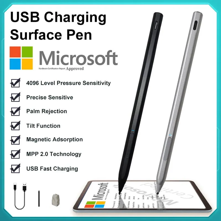 Stylus Pen for Surface USB-C Charging 4096 for Microsoft Surface Pro 8 7 6 5 4 3 X/ Surface 3/Go 3 2/Laptop 4 3 2/Book 3 2 1