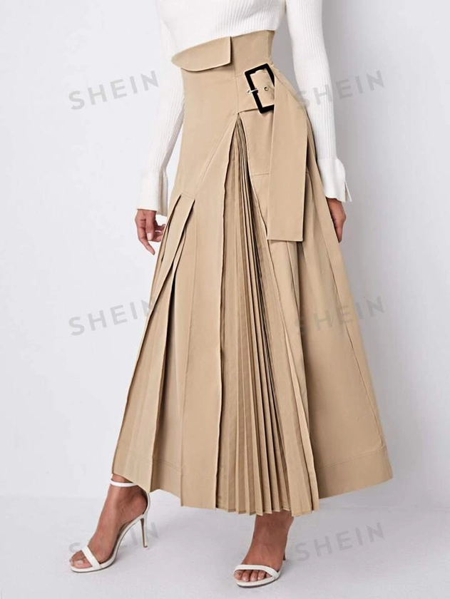 SHEIN Modely Buckle Strap Pleated Skirt