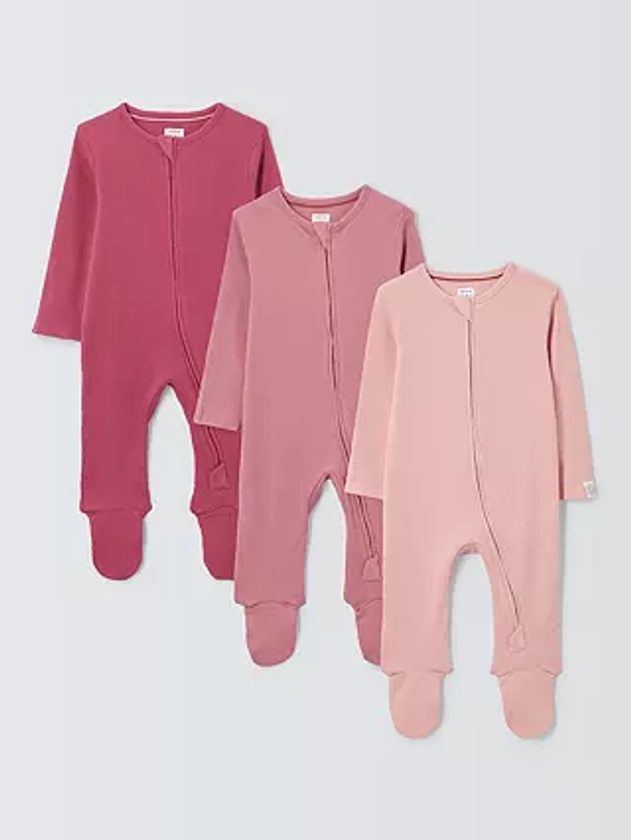 John Lewis Baby Two Way Zip Ribbed Cotton Sleepsuit, Pack of 3