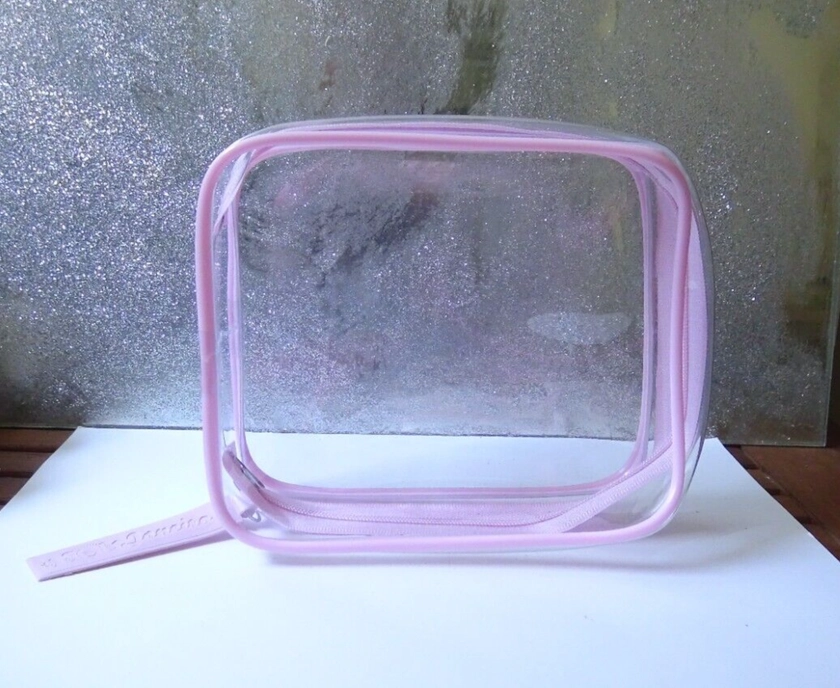 Sol de Janeiro Clear Plastic Makeup Beauty Zip Up Bag with Pink Seam New Unused