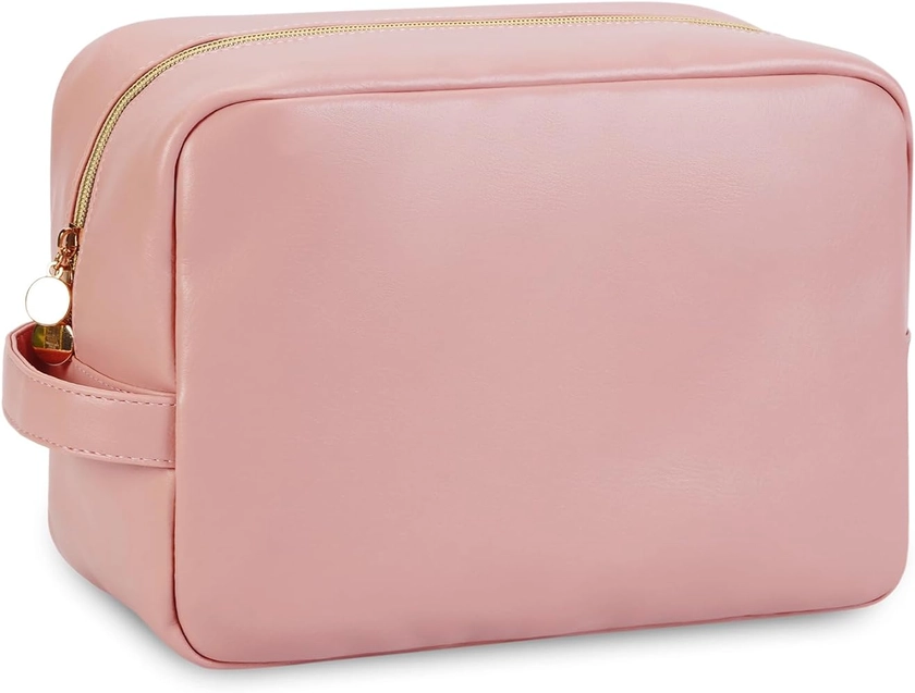 Wandering Nature Large Makeup Bag, Toiletries Bag for Women, Travel Cosmetic Bag with Handle and Slip-in Pockets Eco Vegan Leather, Pink (Patent Pending)