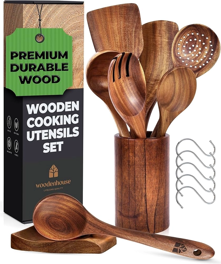 Wooden Spoons for Cooking, Wooden Cooking Utensils Set, Wooden Utensil Set with Holder, Spoon Rest & Hooks, Kitchen Gifts for Women, Kitchen Cookware – 8-piece set of wooden utensils with 6 hooks