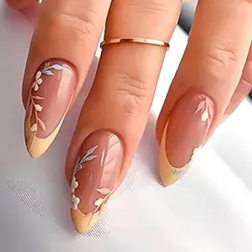 RikView French Tip Press on Nails Medium Length Fake Nails Almond Acrylic Nails Glossy Yellow Nails