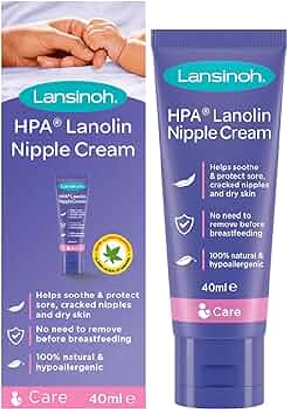 Lansinoh HPA Lanolin Nipple Cream for sore nipple & cracked skin, 100% natural single ingredient, breastfeeding essential, tasteless, odourless, hospital bag, moisturising, 40ml