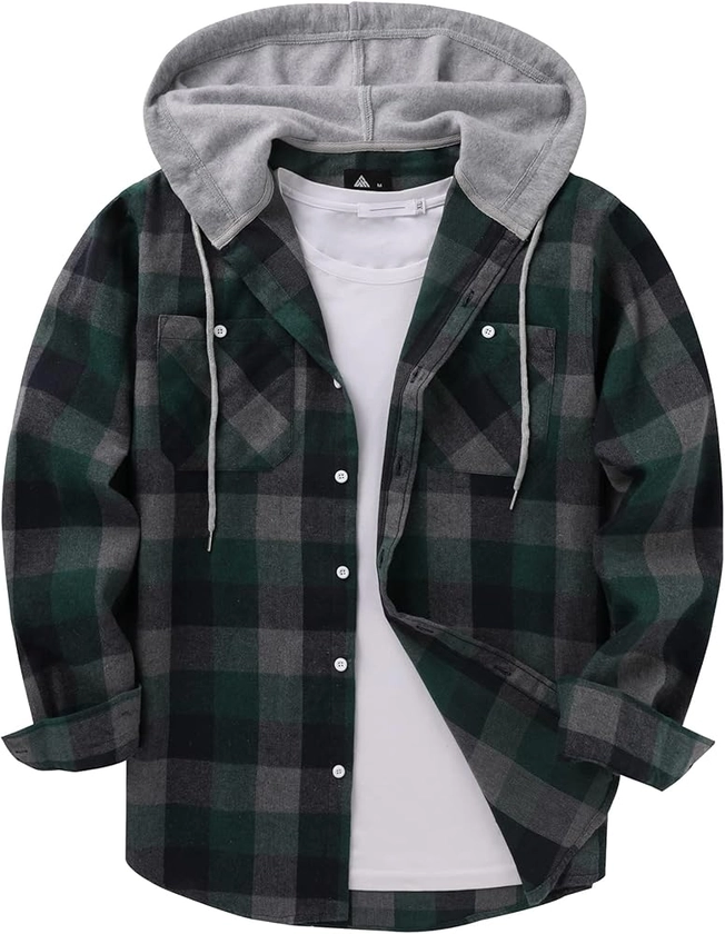 SCODI Mens Flannel Hoodie Shirt Casual Button Down Plaid Jacket Shirts Stylish Long Sleeve Shirts with Pocket