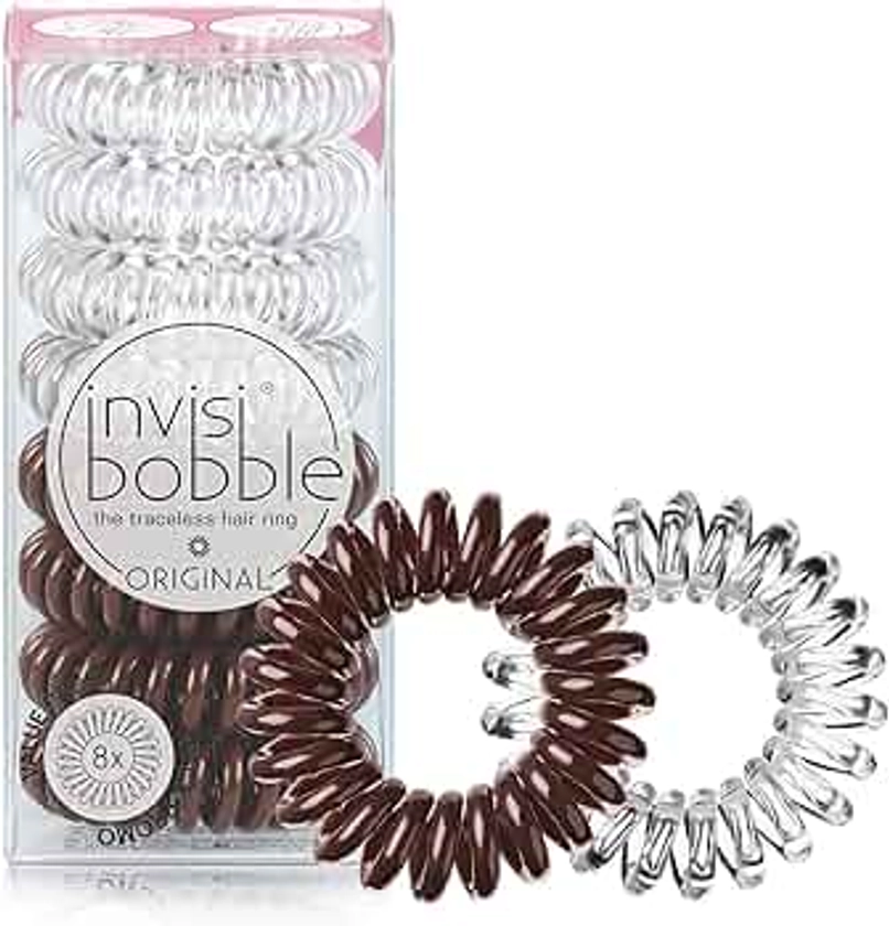 invisibobble Original Traceless Spiral Hair Ties - Pack of 8, Crystal Clear and Pretzel Brown - Strong Elastic Grip Coil Accessories for Women - Non Soaking - Gentle for Girls Teens and Thick Hair