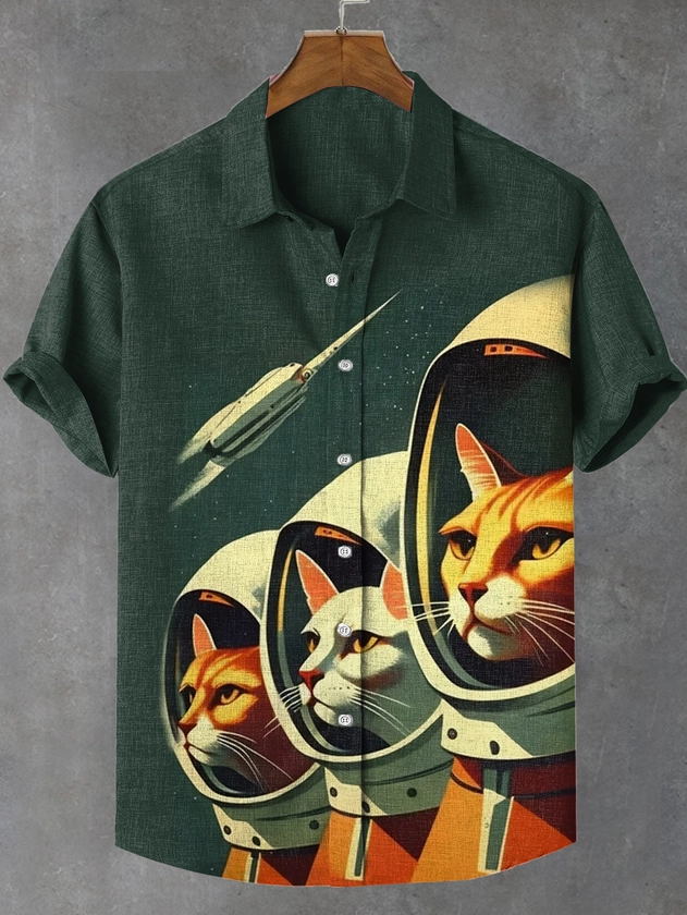 Men's Retro Future Cat Astronaut Art Print Linen Blend Shirt