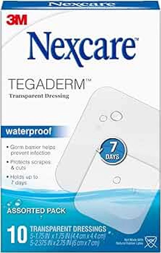 Nexcare Tegaderm Transparent Dressing, Clear Film Lets You See Wounds Heal, Waterproof Dressing Holds Fast for 7 Days - 10 Dressings