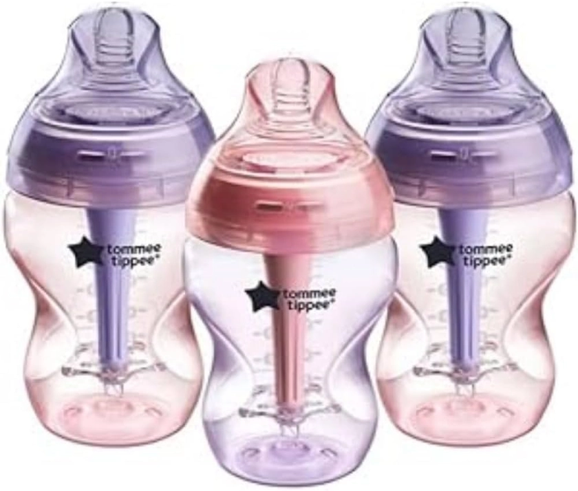 Tommee Tippee Advanced Anti-Colic Baby Bottle, 260ml, Slow-Flow Breast-Like Teat for a Natural Latch, Triple-Vented Anti-Colic Wand, Pack of 3, Purple/Pink : Amazon.co.uk: Baby Products