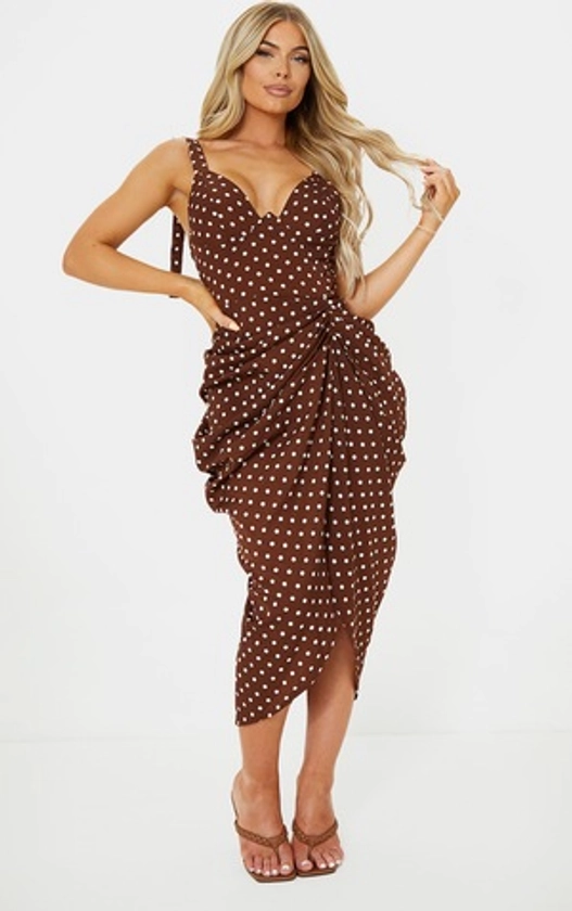 Chocolate Polka Dot Underwire Detail Draped Midi Dress