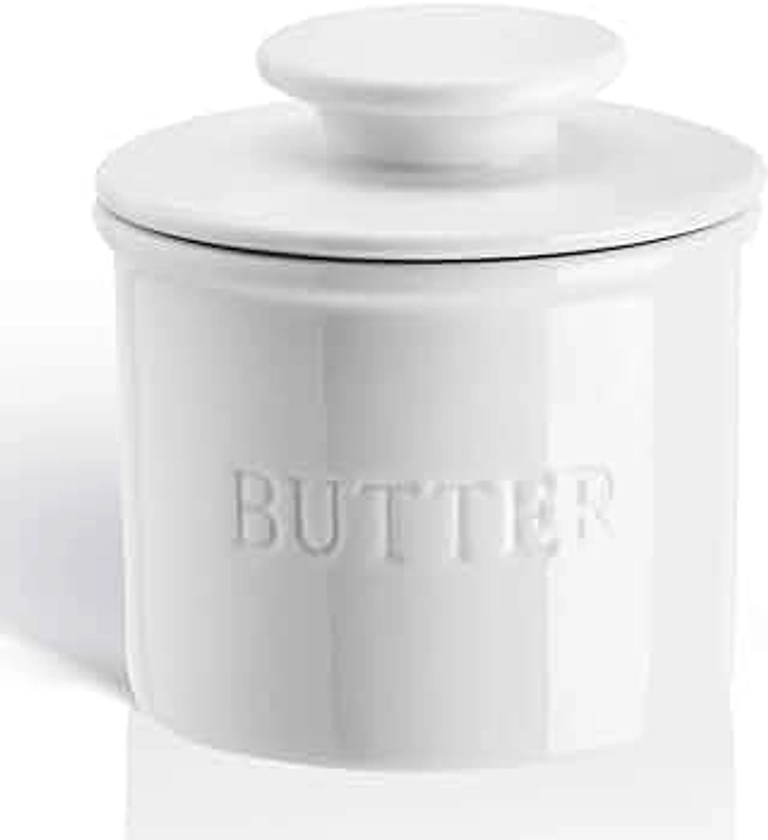 Warome Butter Keeper, Butter Crock with Water Line，French Butter Dish for Fresh Spreadable Butter，Ceramic Butter Holder-New White