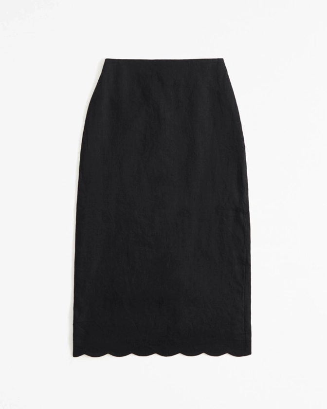 Women's Premium Linen Scallop-Hem Midi Skirt | Women's Bottoms | Abercrombie.com