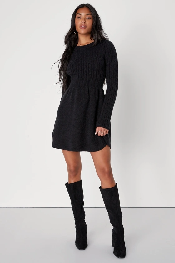 Comfortable Aura Black Cable Knit Skater Sweater Dress