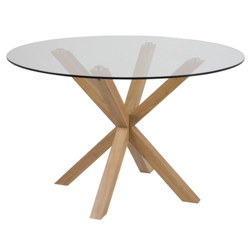 KARDEMA Table à manger ronde diamètre 119 cm en verre sur un socle en chêne - Selsey