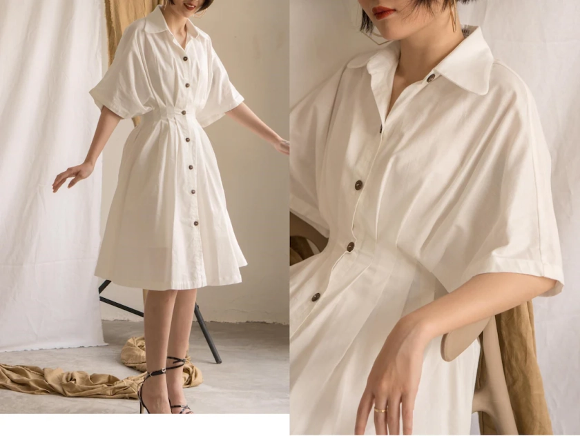 Linen Shirtdress - Linen Pleated Dress - Cotton Half Sleeves Dress