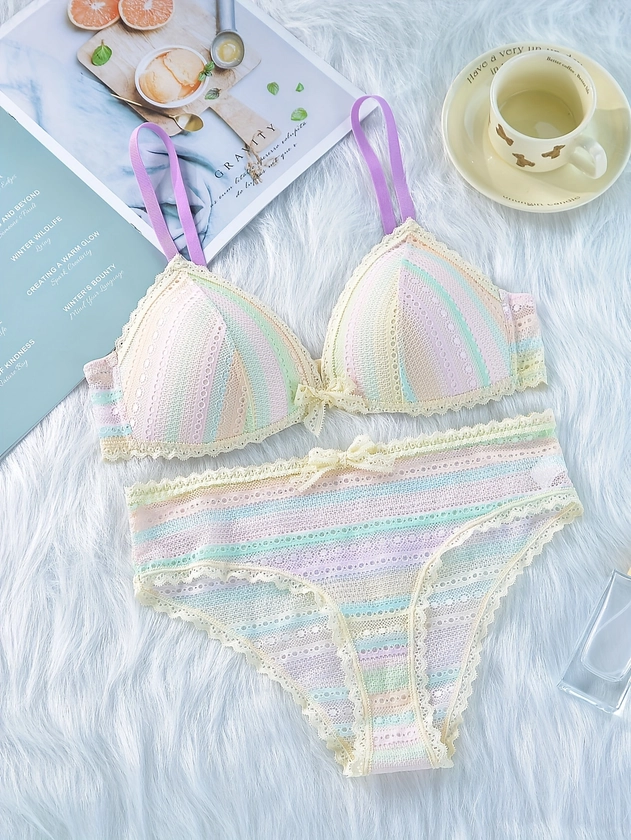 Women's Lace Bra and Panty Set, Pastel Rainbow Stripe, Sexy Push-up Bralette with Adjustable Straps, High-Waist Panties, Breathable Comfort, Lingerie