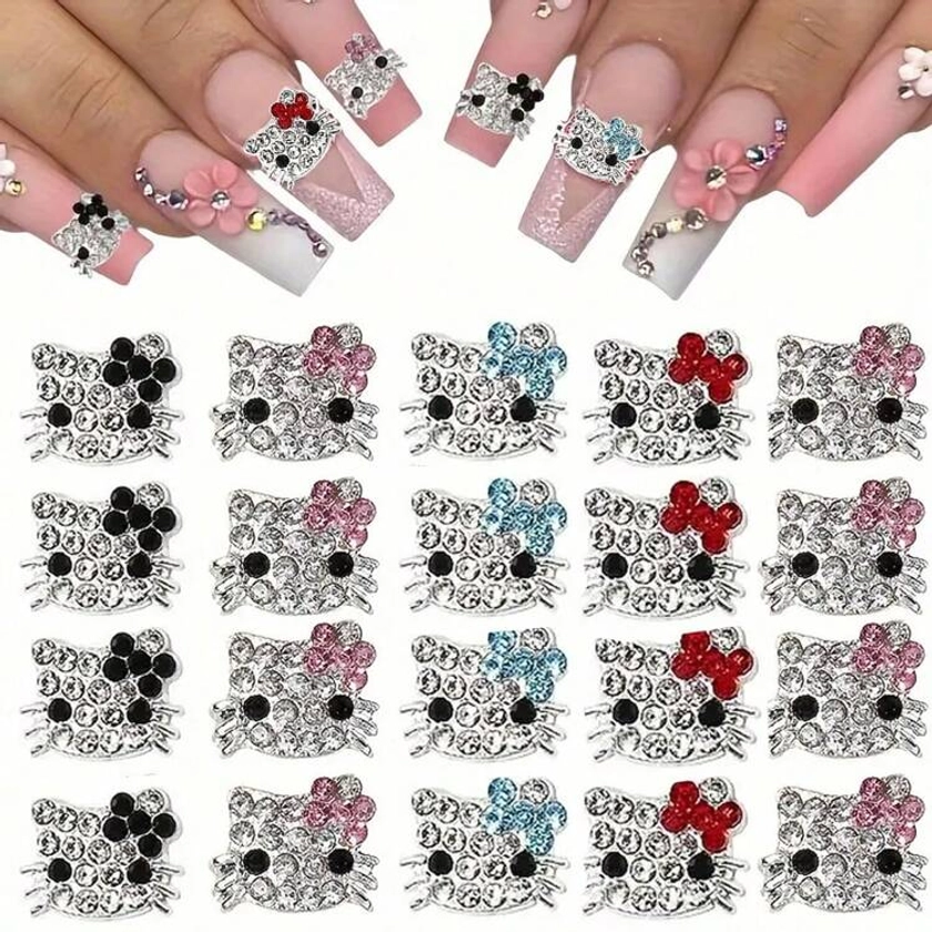 10pcs/Set Kawaii Hello Kittys Rhinestone Nail Stickers Kitty Cat 3D Nail Decals Sticker Cute Nails Jewelry Decoration Accessories (Some Parts May Be Random)