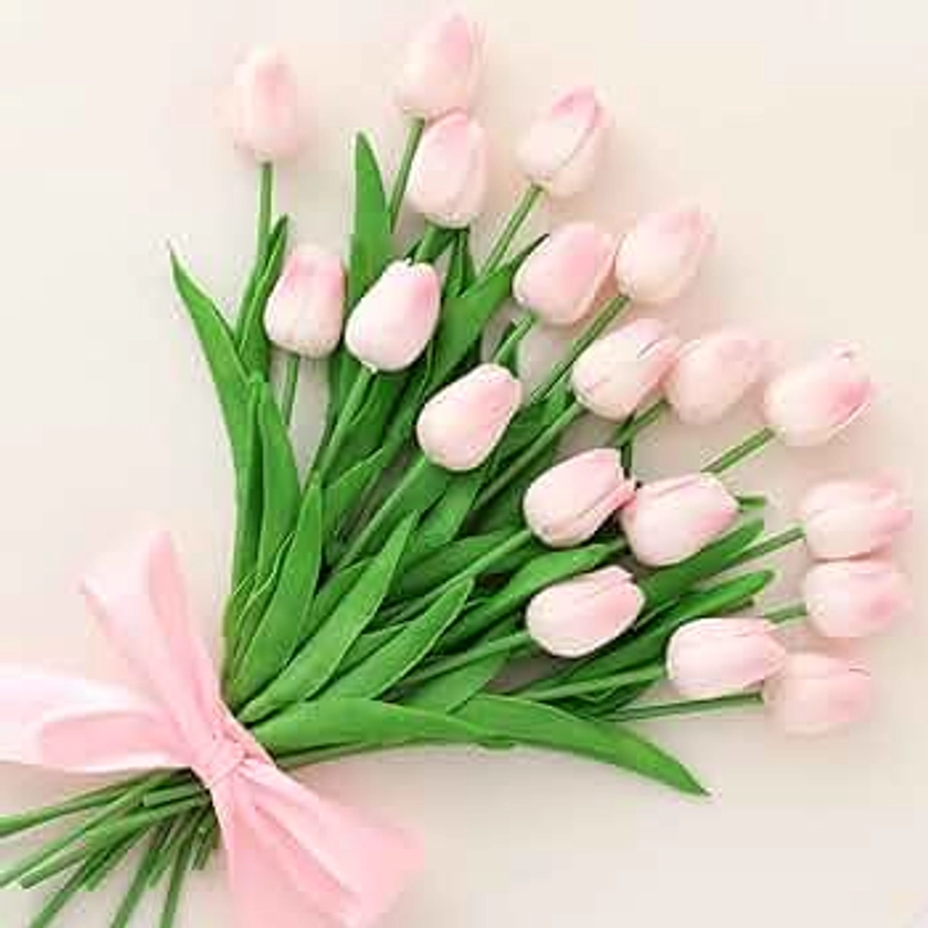 20Pcs Artificial Tulips Fake Tulip Real Touch Latex Flowers for Wedding Party Home Office Decor (Pink - 20p)