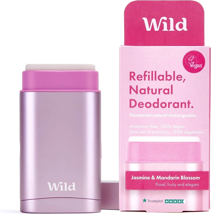 Wild - Natural Refillable Deodorant - Vegan & Eco-Friendly - Aluminum Free - Long Lasting Protection - 100% Natural Ingredients - Starter Kit - Pink Case, Jasmine & Mandarin Blossom Refill - 1.4oz