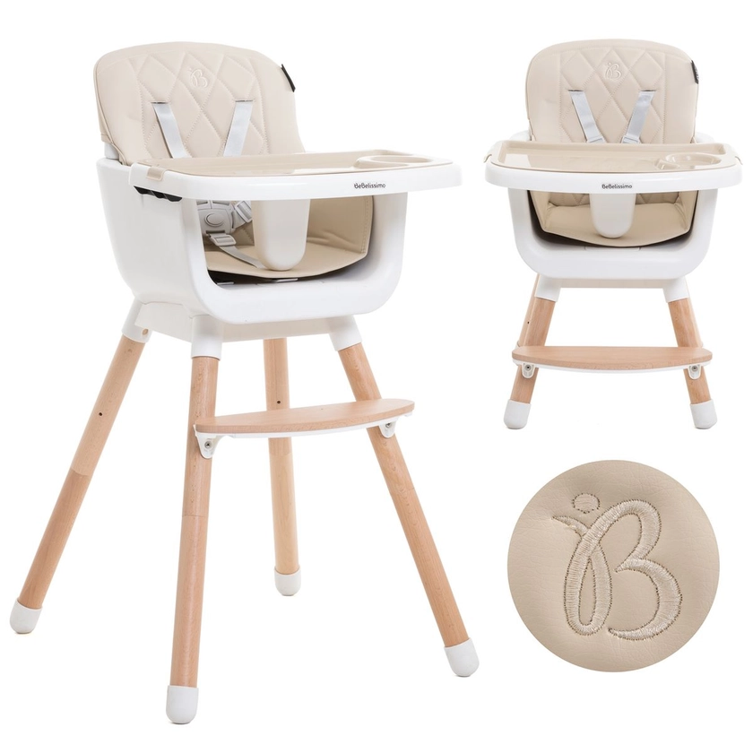 BEBELISSIMO - Chaise Haute bébé - Évolutive - Réglable - en Bois - 2 en 1 - 6 mois jusqu’à 5 ans - beige